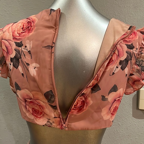 Mac Duggal RUFFLED CUT OUT CAP SLEEVE V NECK GOWN 9152 Rose Multicolor - Picture 11 of 17